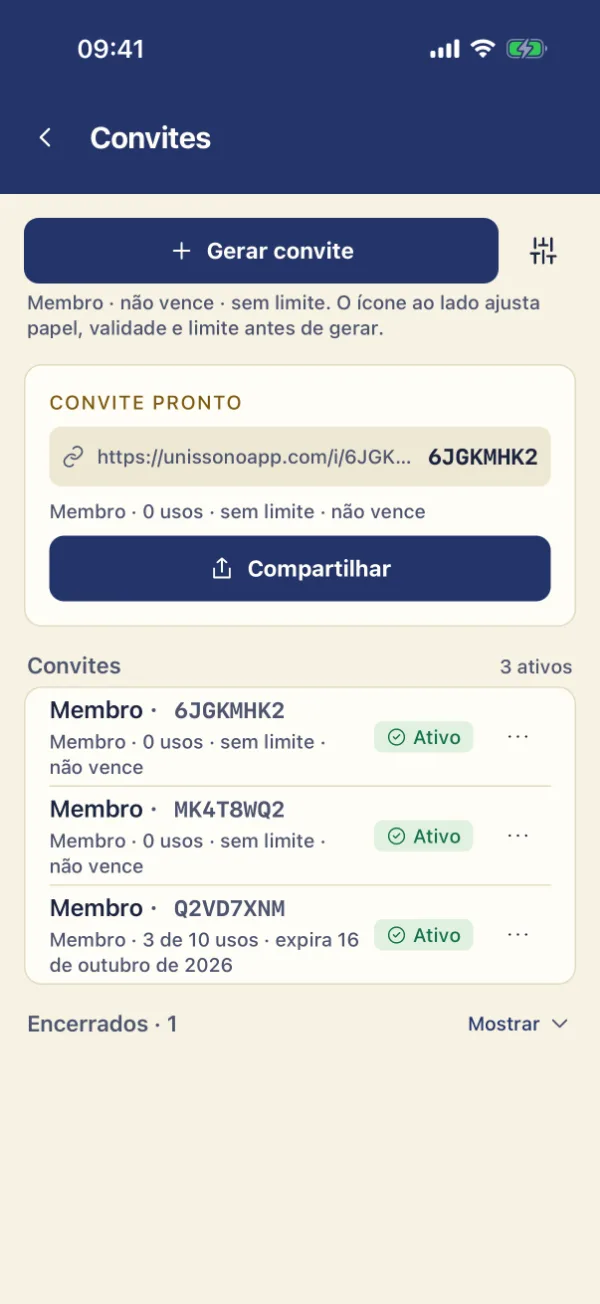 Convite pronto com o link para compartilhar e a lista de convites ativos