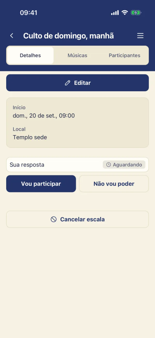 Detalhe de uma escala com participantes, funções e confirmações