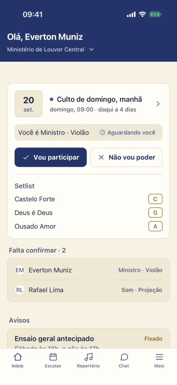 Tela inicial do aplicativo: a próxima escala com os botões de confirmar e a lista de músicas