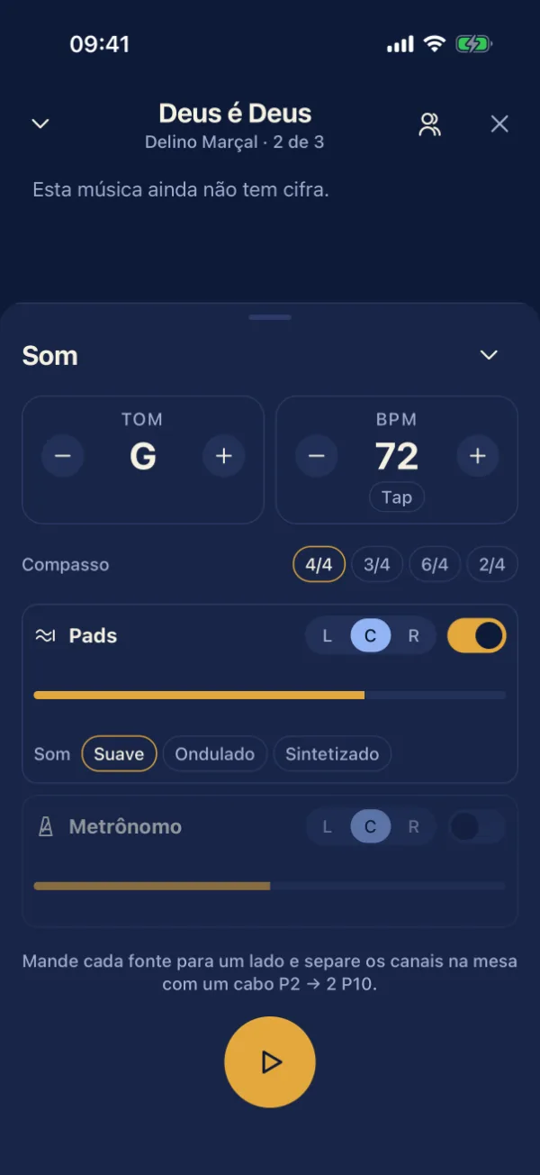 Folha de som do modo palco: tom, andamento, pads e metrônomo, cada um com o seu canal