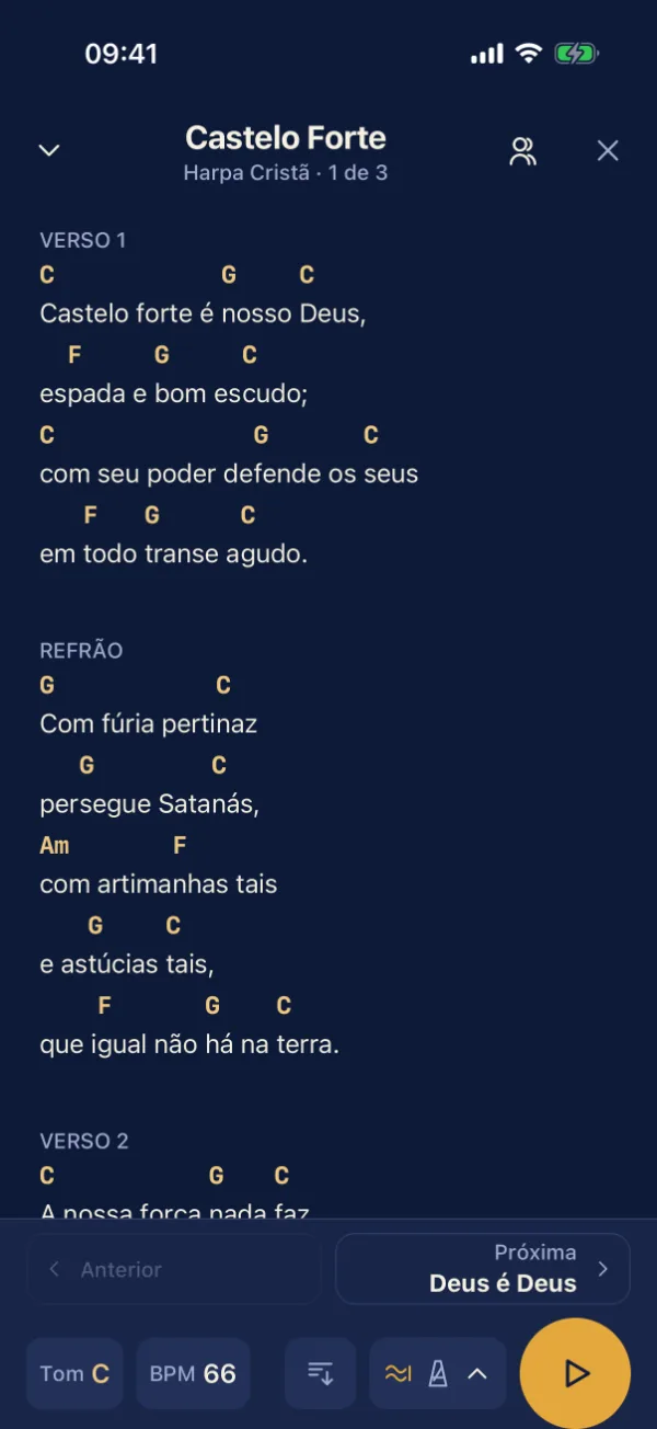 Modo palco exibindo a cifra da música em tela cheia