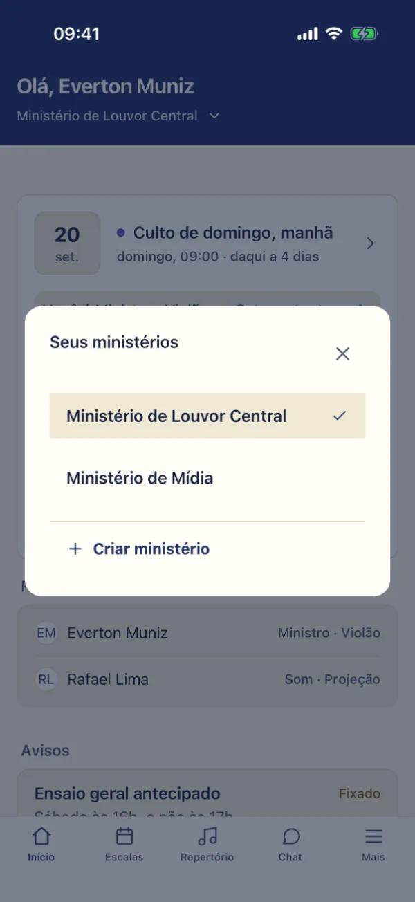 Seletor de equipes para trocar de espaço em um toque