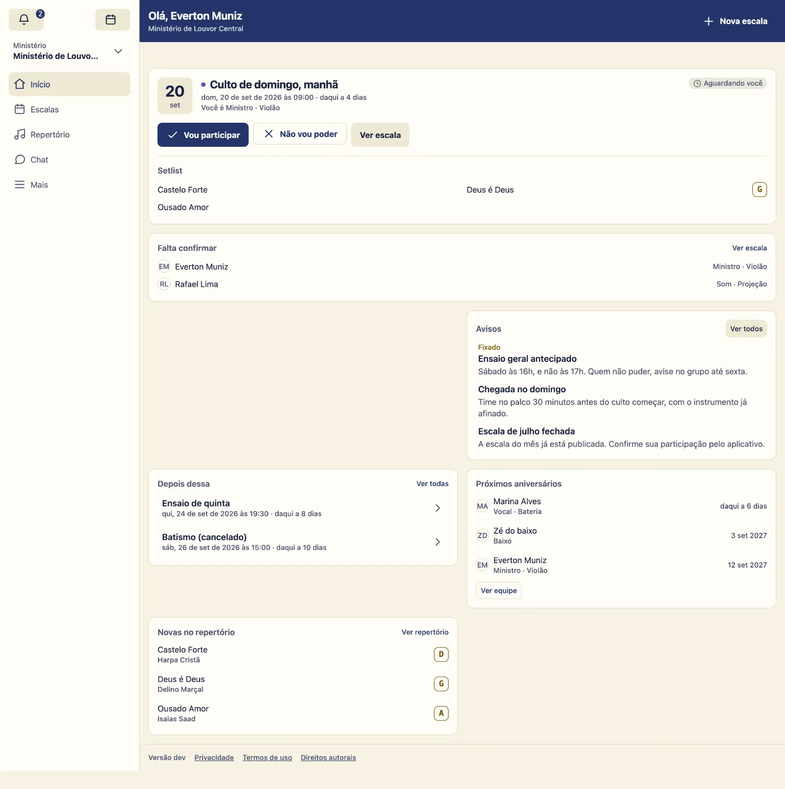 App web no navegador mostrando a tela inicial com a próxima escala